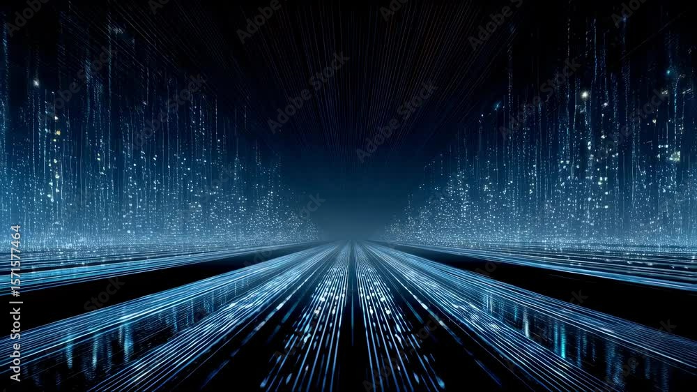 Poster futuristic landscape depicting a digital highway lined with cascading binary digits and illuminated 