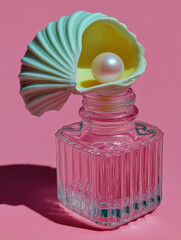 A pastel green shell with a glowing pearl balances on a glass perfume bottle against a pink backdrop. Dreamy editorial still life with surreal composition and elegance.