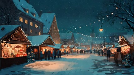 christmas market on snowy winter eve illustratied animation