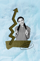 Image pop vertical zine collage of happy businessman businesswoman stand arrow development career...
