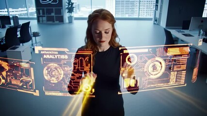 Professional businesswoman interacting with holographic analytics dashboard in modern office. Digital data visualization interface with charts, graphs, statistics for corporate decision making. - Powered by Adobe