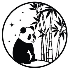 Serene Panda Silhouette Under Moonlit Bamboo Elegant Vector Illustration