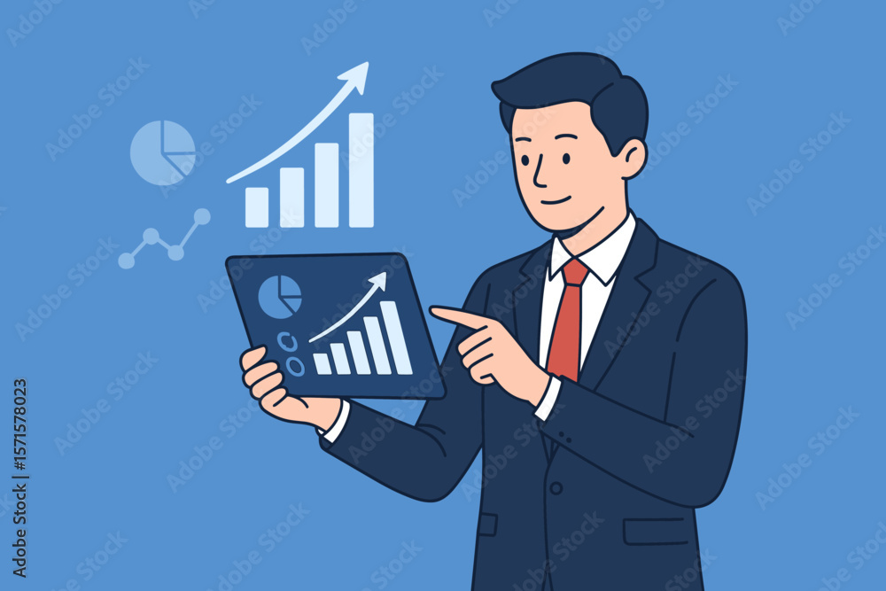 Poster businessman holding digital tablet analyzing data growth graph. financial and investment information