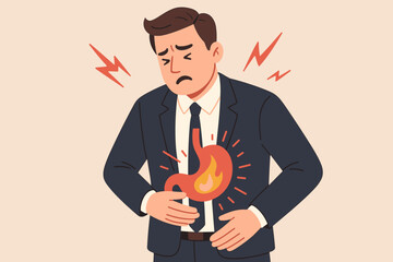 Metaphor stomach ache heartburn. Businessman suffering from acid reflux. GERD gastritis concept. Man with digestive disorder. Abdominal pain. Indigestion health problem patient.
