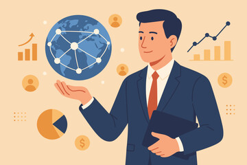 Businessman holding global network. Data analysis and customer connection. Economy, financial and banking concept. Analysis sales data, digital marketing. Modern illustration.