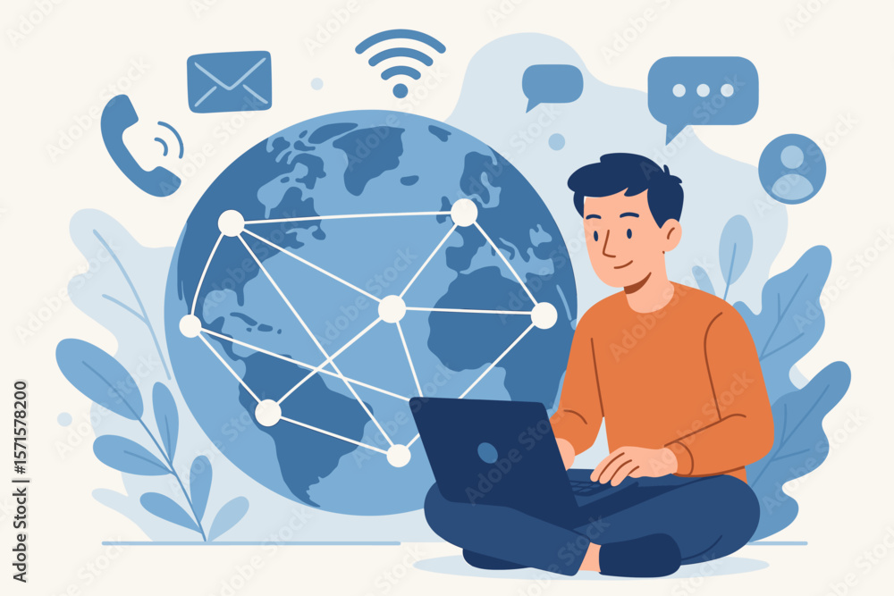 Aufkleber global communication networking technology concept. man with laptop online on worldwide internet net