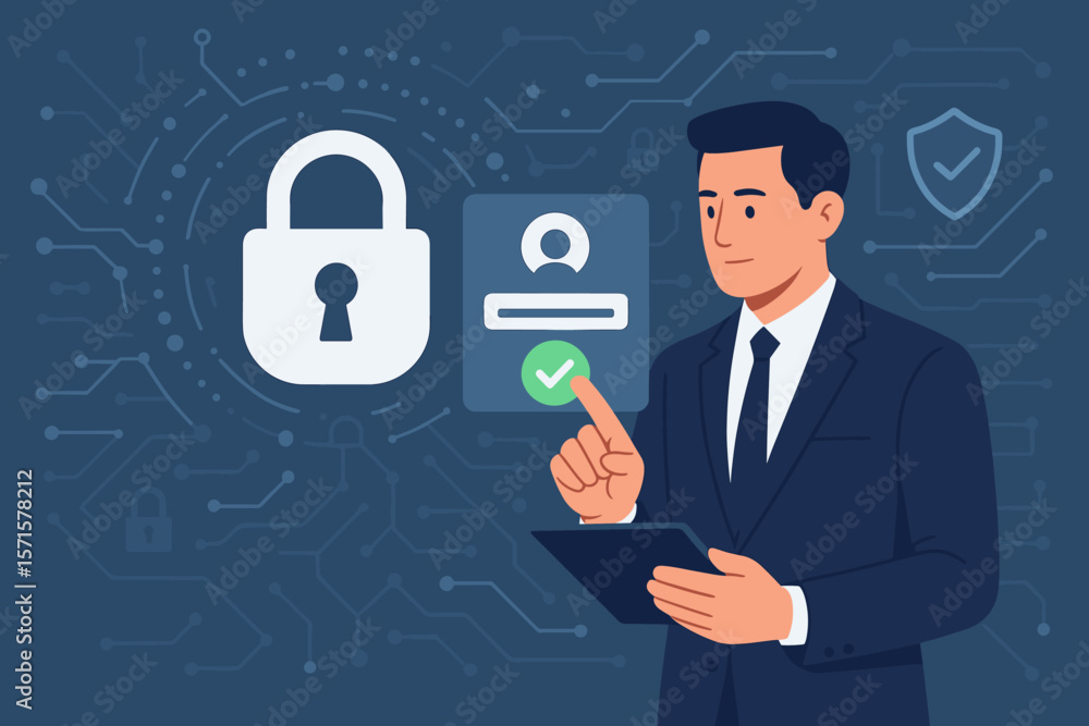 Aufkleber cyber security and data protection concept. businessman uses tablet for secure login and user identi
