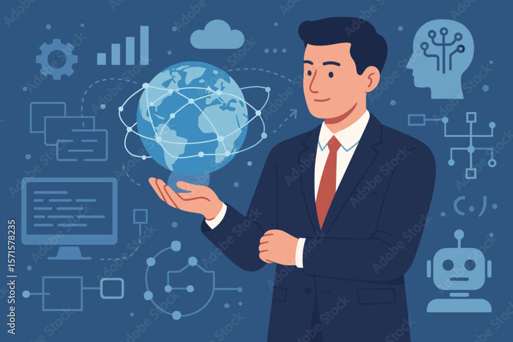 Poster businessman presents a global network, data science, and ai. concept for business intelligence, big 
