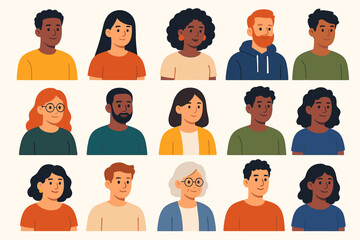 Diverse people portrait collection. Multicultural men and women of different ages and races. Flat vector cartoon avatars for community or social media. Group of happy characters.