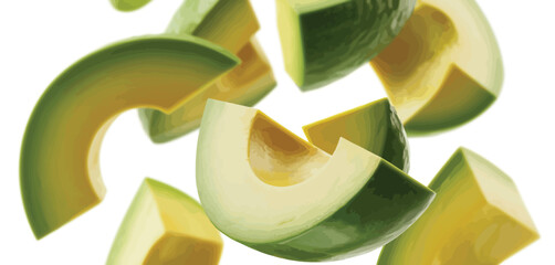 Flying Avocado Slices on White Background
