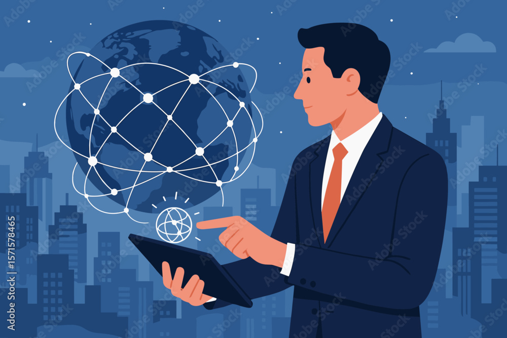 Poster global network connection, businessman using digital tablet for data exchange. modern flat science b