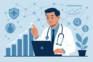 Medical business data analytics growth chart. Doctor with stethoscope using laptop, analyzing healthcare statistics, network, research, development, investment, professional service