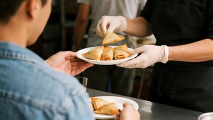 Delicious samosas served fresh, ready for enjoyment at a restaurant or food establishment experience, catering to diverse tastes.