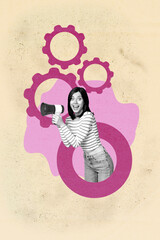 3d sketch image vertical collage of happy businessman businesswoman stand gearwheel optimization...