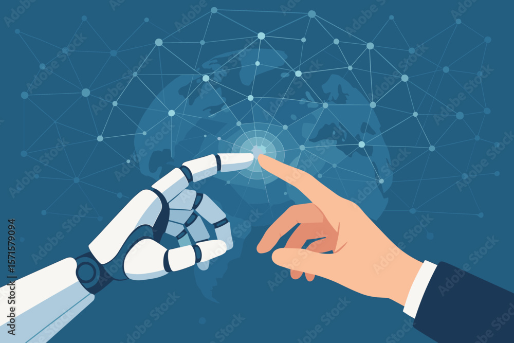 Aufkleber human and robot hand touching on global virtual network connection. artificial intelligence technolo