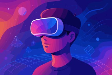Futuristic Metaverse Technology Concept with VR Virtual Reality Goggles, Immersive Simulation, Augmented Reality, 3D Visualization, Innovation, Digital Universe, Modern Flat Art