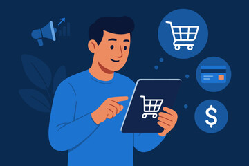 Online shopping payment concept. Man using tablet with shopping cart icon. Digital marketing, e-commerce, mobile banking, finance, credit card, dollar sign. Modern flat vector