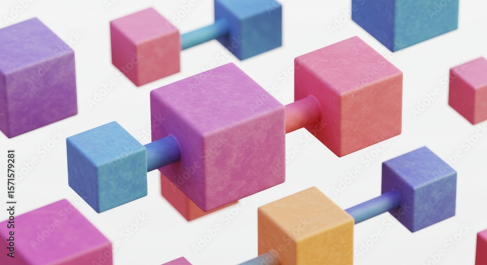 Poster abstract interconnected cubes - colorful 3d cubes linked together, symbolizing connection, network, 