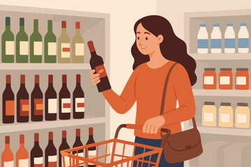 Woman shopping for wine in supermarket aisle, holding bottle, grocery cart, shelves with bottles and jars, modern flat vector illustration, retail consumer concept