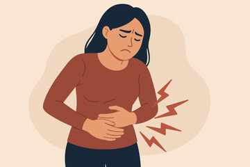 Woman holding stomach in pain, suffering from abdominal ache, menstruation cramps, gastric ulcer, appendicitis, digestive or gastrointestinal disease, healthcare concept illustration