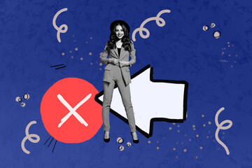 Exclusive creative pop collage of happy businesswoman businessman stand arrow point cross button...