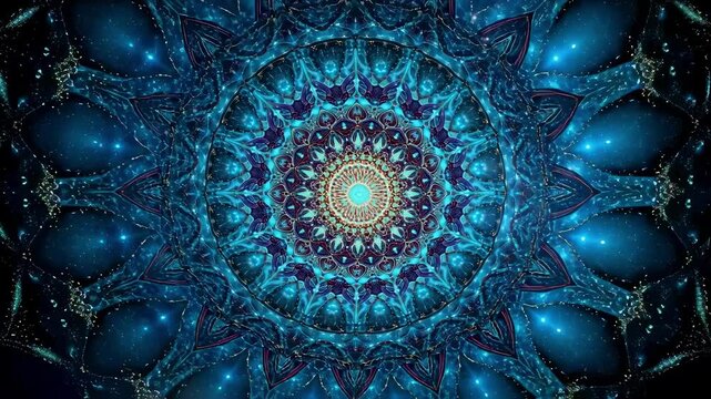 Intricate glowing blue and purple mandala with detailed patterns and ornaments radiating light against a backdrop of a starry night sky, creating a mesmerizing and mystical atmosphere