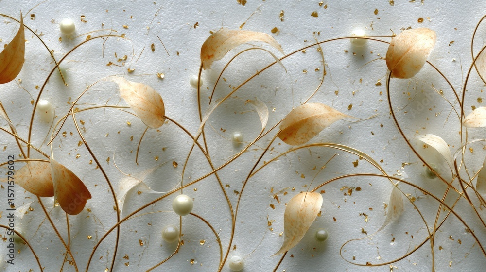 Poster abstract swirls of lines and gold glitter on a soft cream background, highlighting texture and depth