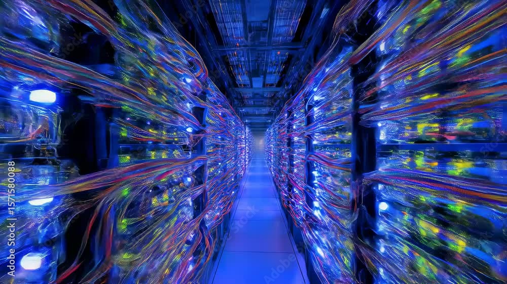 Poster infrastructure dynamics dynamic perspective on a bustling data center revealing multiple rows of ser