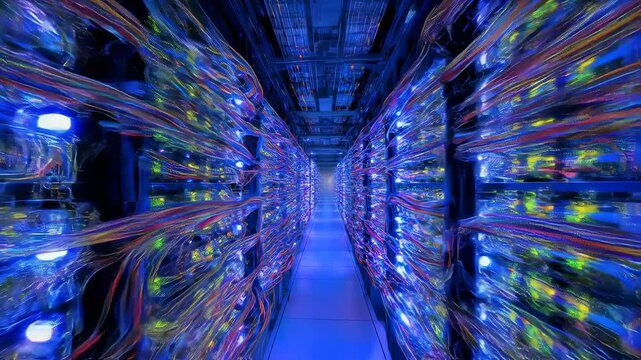 Infrastructure Dynamics Dynamic perspective on a bustling data center revealing multiple rows of servers linked by multicolored fiber optic cables. The dim blue lighting creates an