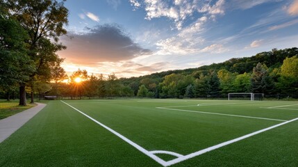 Obraz premium A lush green soccer field is highlighted by the warm glow of sunset, with white lines creating a beautiful contrast against the landscape