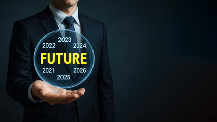 Businessman holding glowing bubble with future years and word future suit hand