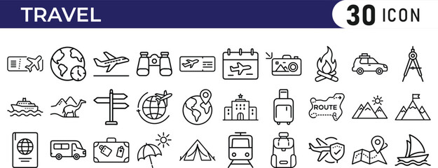 Travel & Vacation Line Icons. Travel Concept Universal Solid Icon Set.