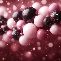 A cluster of  glossy,  pink and dark  balls,  floating against a  blurred,  pink-maroon background.  Bokeh  effect  adds to the festive  vibe