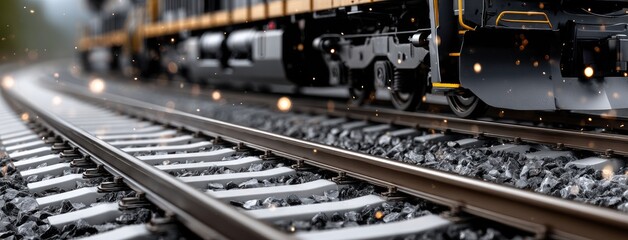 Close-up of train sparks on the tracks, showing intense motion blur against a vivid daylight background