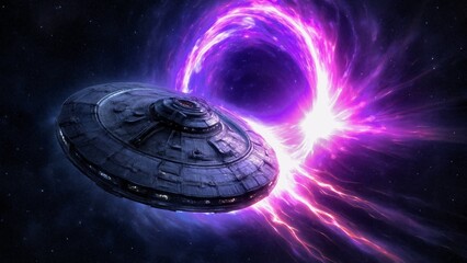 Sleek spaceship navigates through deep space, heading towards a vibrant, swirling wormhole. The scene captures the mystery and allure of interstellar travel and cosmic exploration