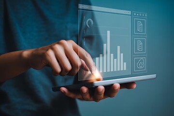 Person interacting with digital analytics display hand