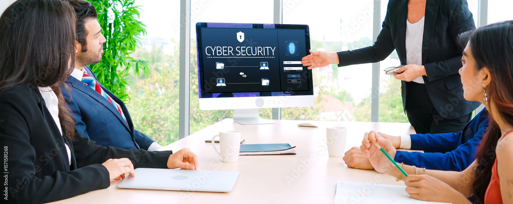 Poster cyber security system on computer screen protect private information snugly from hacker and cyber at