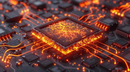 High-tech data center filled with AI processors and GPU clusters connected with glowing fiber optics. 