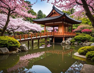 Naklejka premium Peaceful Japanese garden with cherry blossoms