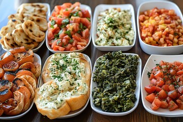 A vibrant collage of international appetizers, featuring bruschetta, spanakopita, and antipasto platters
