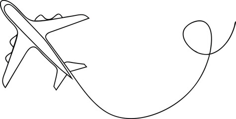 Continuous Line Art Drawing of a Flying Airplane with a Curved Flight Path, Symbolizing Travel, Aviation, and Global Journeys.