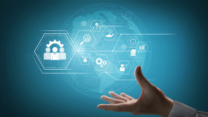 Business management system showing teamwork, productivity, and planning. Management supports goal,...