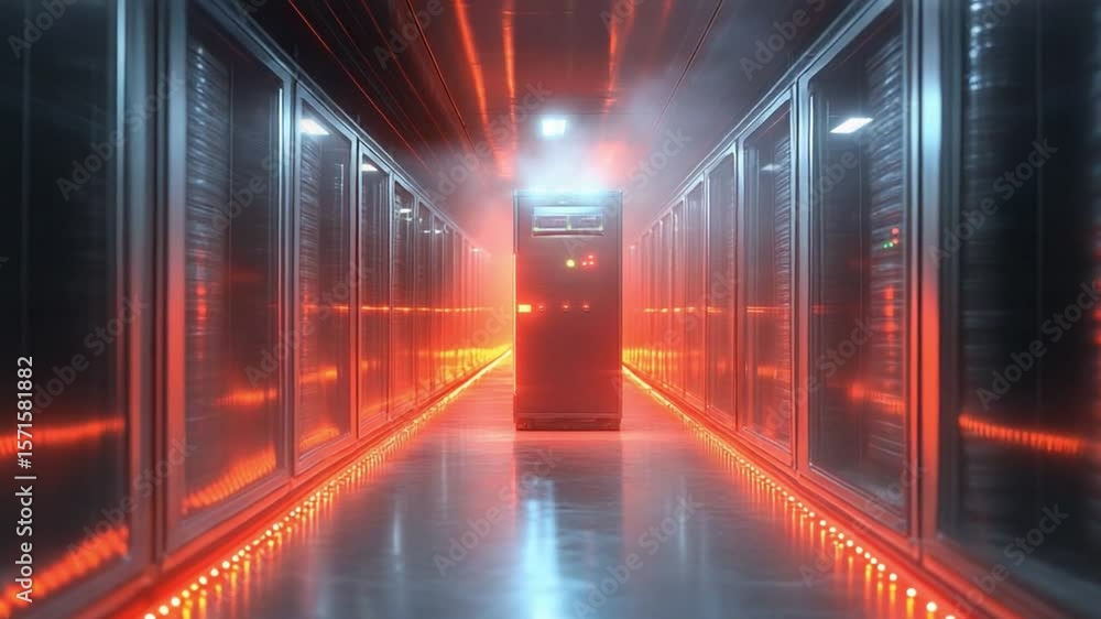 Poster server room corridor: a futuristic server room, illuminated by a vibrant red glow, creates a sense o