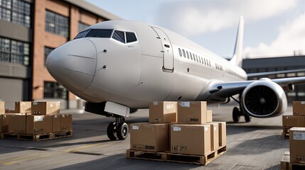 Cargo plane stands at the airport with stacked boxes on pallets, highlighting an active urban setting with striking modern buildings nearby