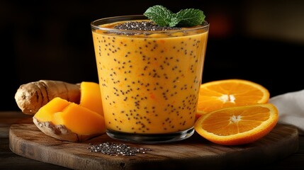Vibrant orange smoothie with mango and ginger, garnished with chia seeds and mint