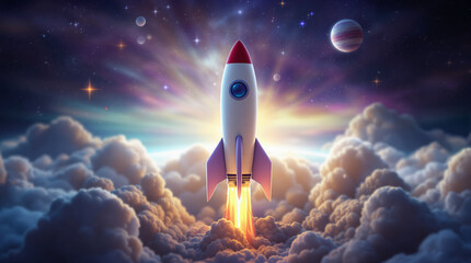 Fototapeta premium A rocket launches into the cosmos, leaving a trail of clouds.