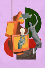 Vertical 3d art pop image collage of happy girl guy business workers stand pc monitor stack peek hand hold book light bulb ai app