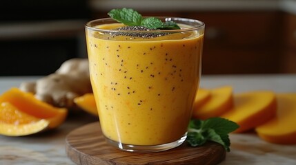 Vibrant orange smoothie with mango slices, ginger, and mint. Seeds for added nutrition