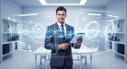 Confident businessman using futuristic interface technology in modern office space