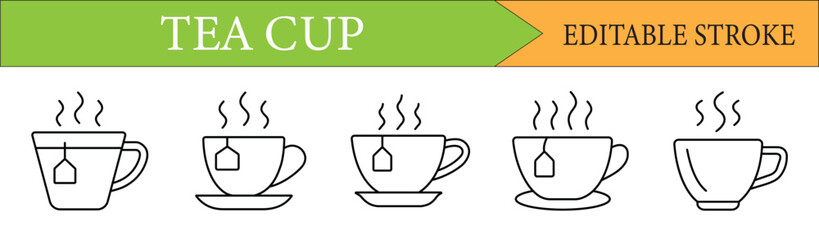 Tea Cup Line Icon Set with Editable Stroke